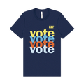 A navy blue short-sleeve t-shirt with a stacked 'vote' graphic in yellow, light blue, orange, and white on the front, plus a small yellow 'LDF' logo in the upper right of the print.