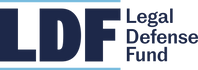The logo for the Legal Defense Fund (LDF) features a bold dark navy blue 'LDF' on the left, with 'Legal Defense Fund' written in dark navy text on the right, set against a white background with thin light blue horizontal bars at the top and bottom.